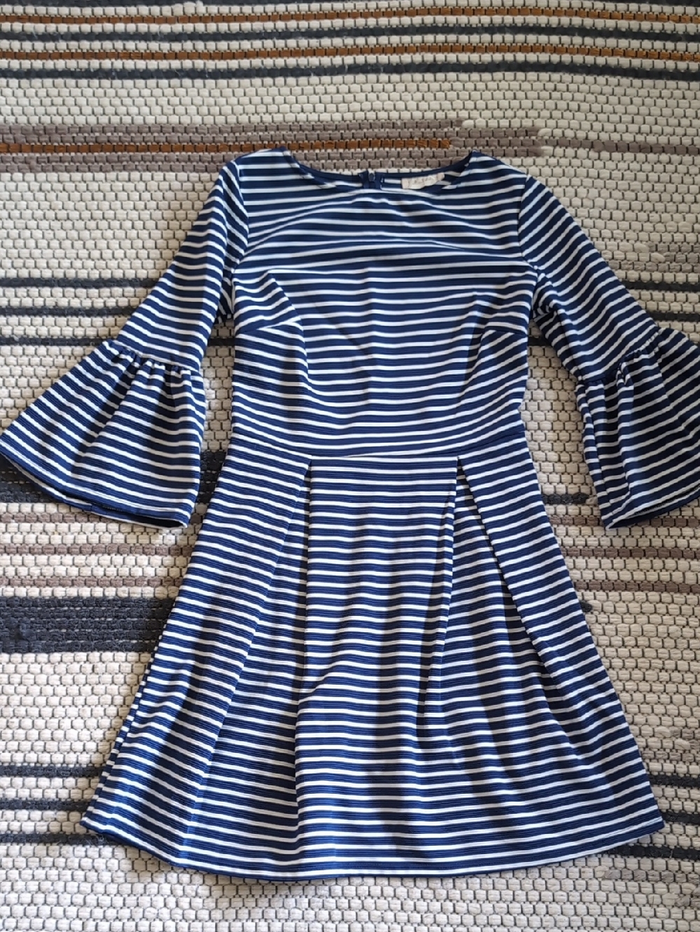 Altar'd State Navy and White Striped Bell-Sleeve Fit-and-Flare Dress